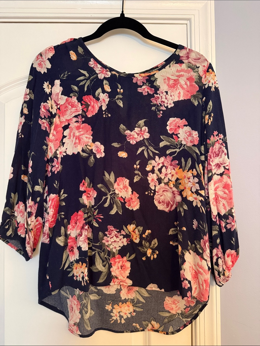 Papermoon Navy Blouse with Pink Floral Print